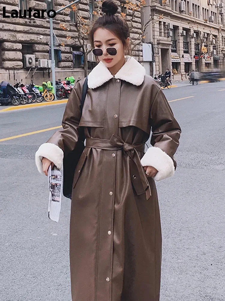 Huiketi Winter Long Warm Thick Leather Trench Coat for Women with Faux Fur Inside Belt Loose Korean Fashion 2023 Fur Lined Parka