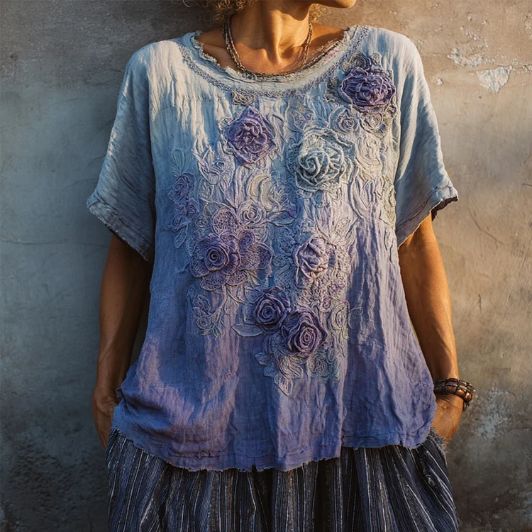 VChics Vintage Boho Purple Roses Embroidered Gradient Linen T Shirt