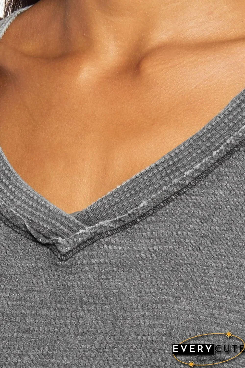 Gray Waffle Knit Seamed Half Sleeve V Neck Top