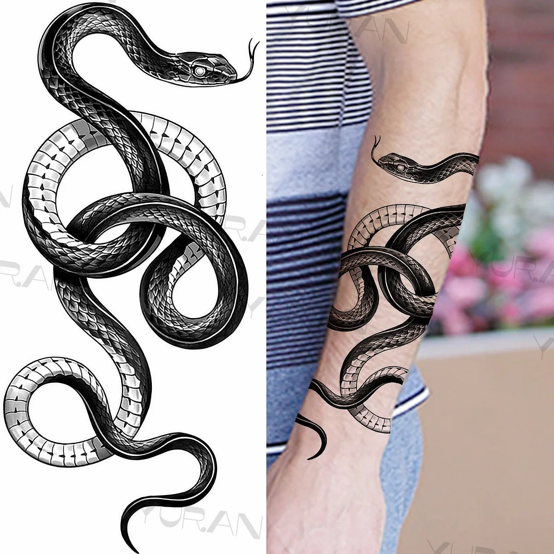 Large Serpent Temporary Tattoos For Girls Women Arm Chest Tattoos Realistic Snake Butterfly Flora Fake Tattoo Sticker Creative