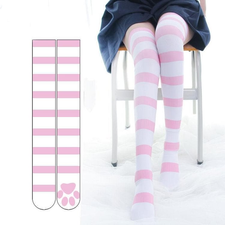 Sweet Striped Cat Paw Prints Over-the-knee Socks SP15329