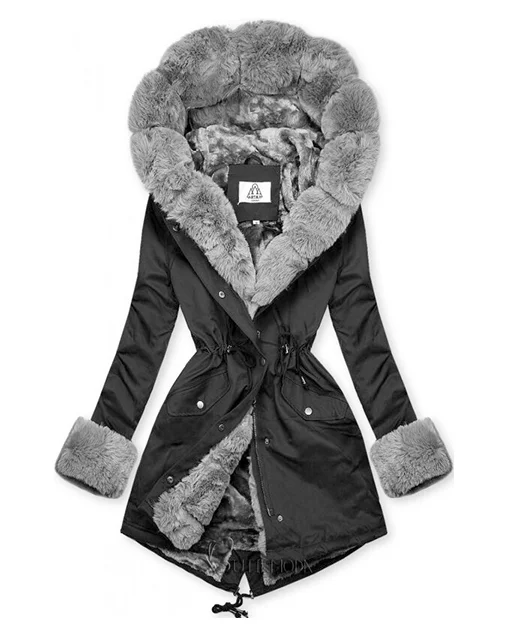 Parka jacket with black faux fur hem