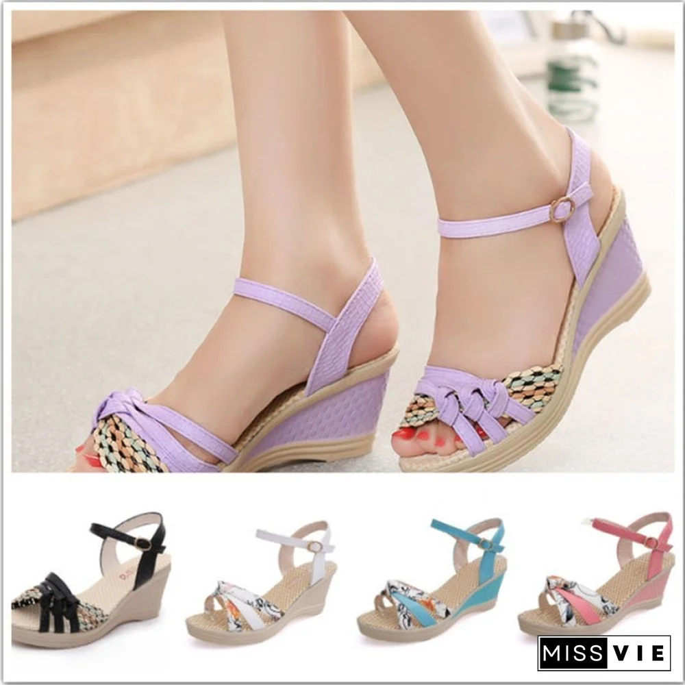 Women's shoes summer women's wedges sandals platform shoes platform straw braid color block high-heeled shoes