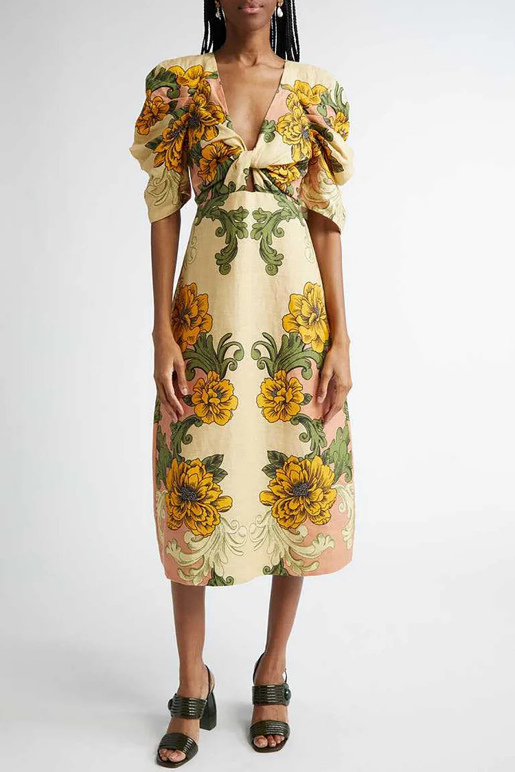 Floral Print V Neck Ruched Half Sleeve A-Line Midi Dresses-Yellow