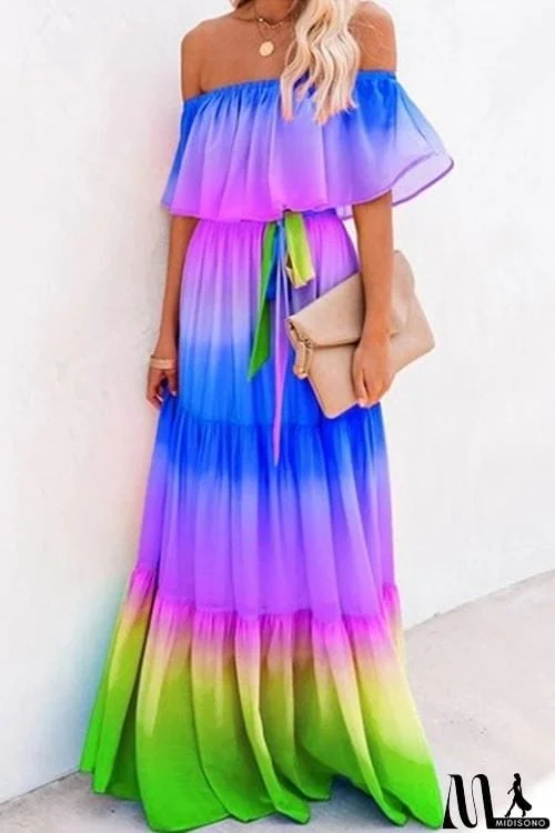 MidiSono - Gradient Off Shoulder Belted Maxi Dress