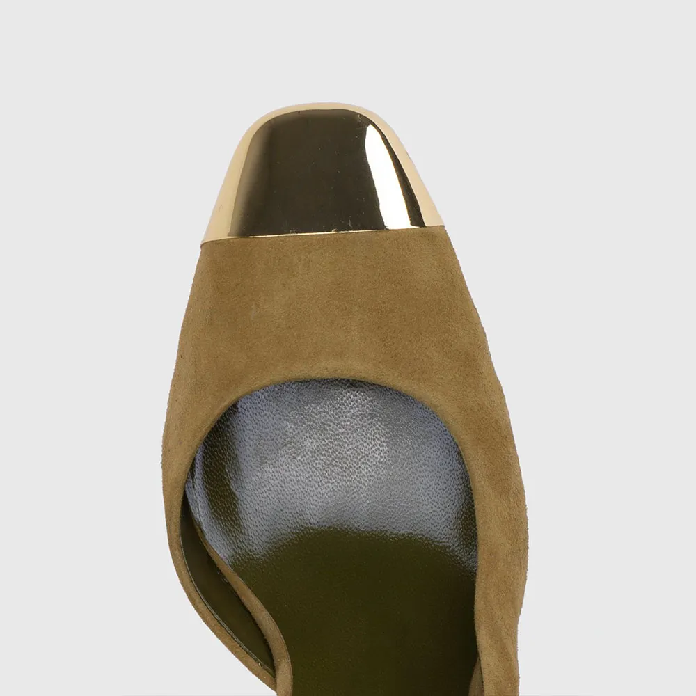 Olive Vegan Suede Metal Cap Square Toe Chunky Heel Slingback Pumps