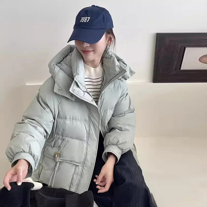 Woherb Crescent Buckle Short Down Jacket Female 2024 Winter New Hooded Thick Waist Show Thin White Duck Down Warm Coat-Outfit Ideas