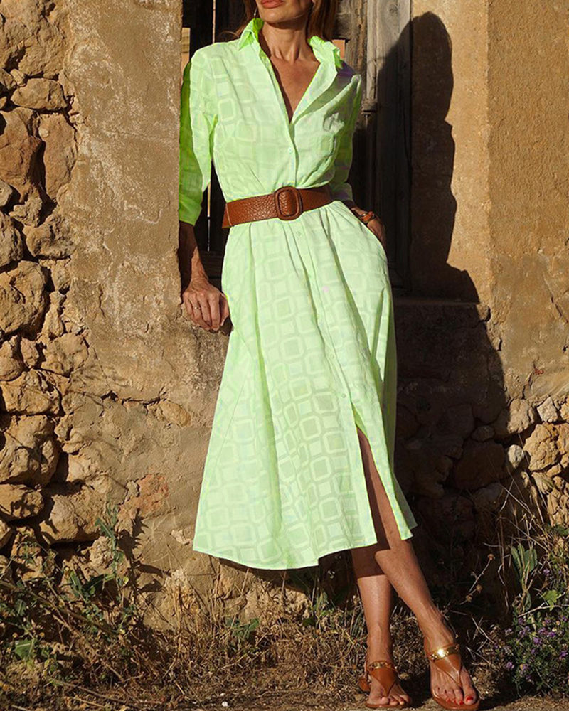 Checkered Pattern Three Quarter Sleeve Lapel Shirt Dress