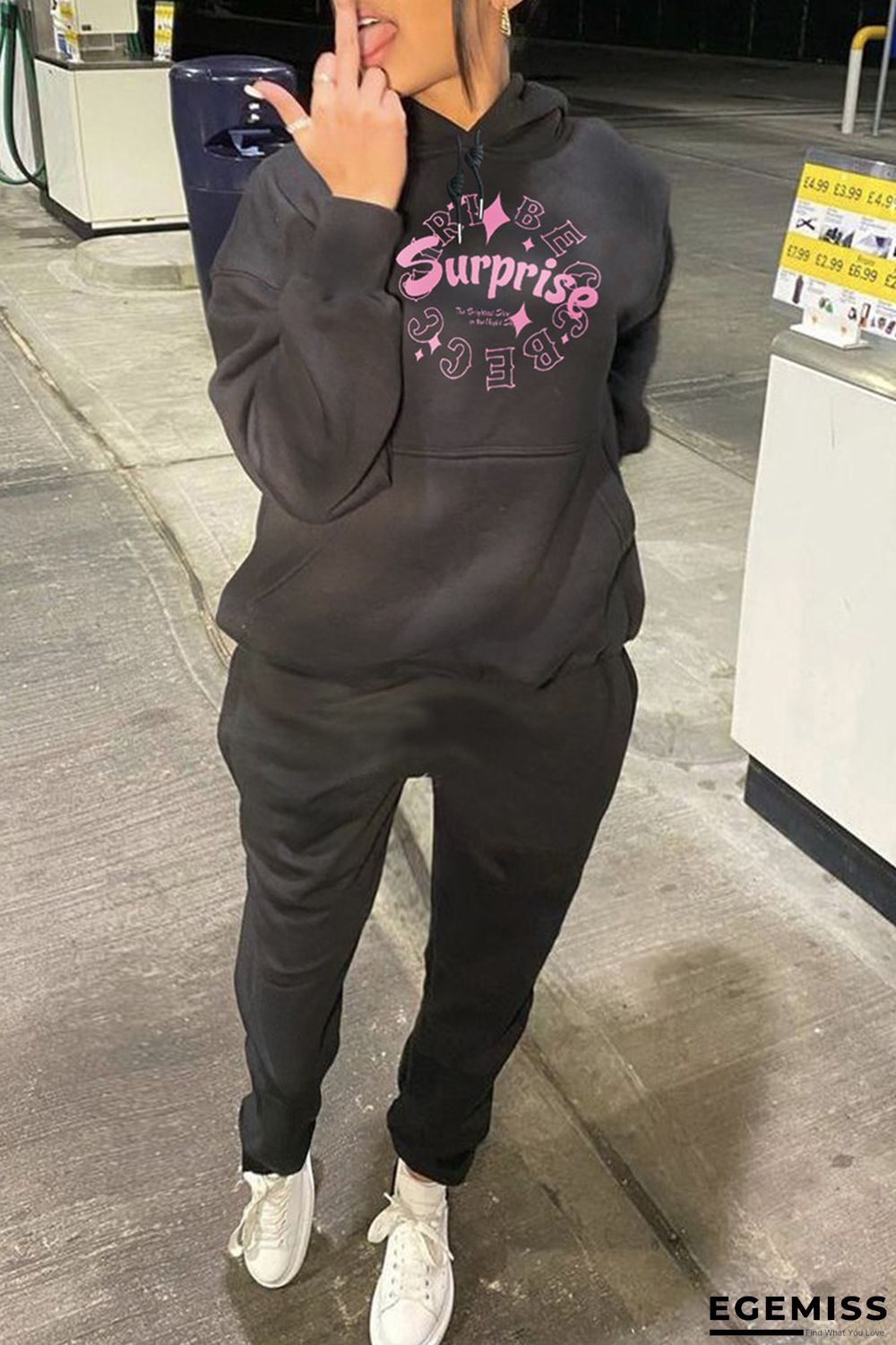 Black Casual Letter Print Patchwork Basic Hooded Collar Long Sleeve Two Pieces | EGEMISS