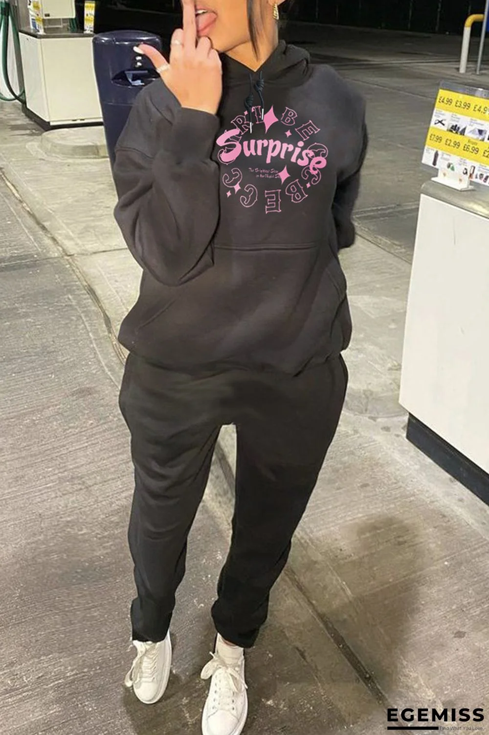 Black Casual Letter Print Patchwork Basic Hooded Collar Long Sleeve Two Pieces | EGEMISS