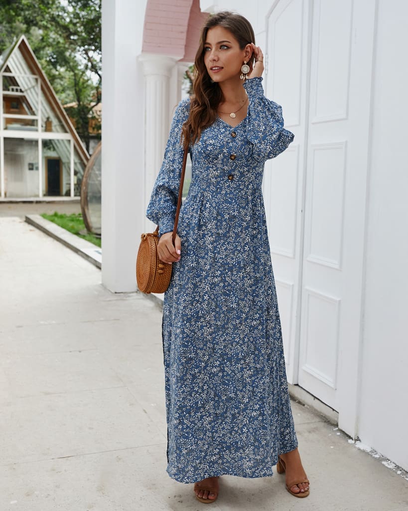 Women Ladies Long Lantern Sleeve Autumn Dress Floral Autumn Pre-fall Holiday Buttons Maxi Dress