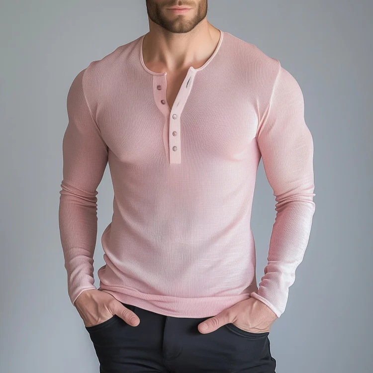 Okaywear Semi Transparent Elastic Knit Long Sleeve Henley Shirt Okaywear