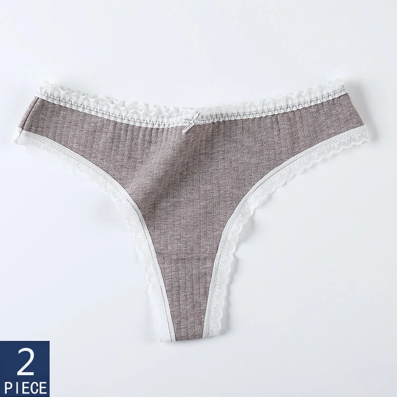 2 Pieces Women Panties Thongs Cotton Striped Underwear Comfortable Cute Low-Rise Ladies G-String Briefs Sexy Kawaii Lingerie
