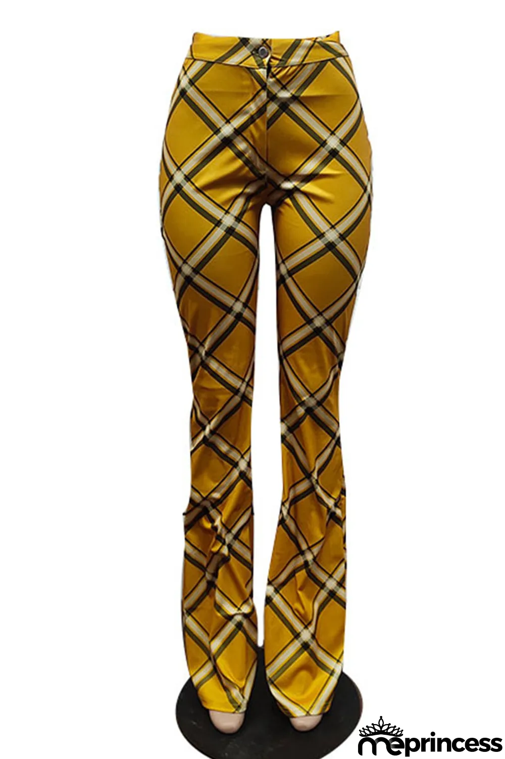 Yellow Casual Plaid Print Patchwork Straight High Waist Straight Full Print Bottoms