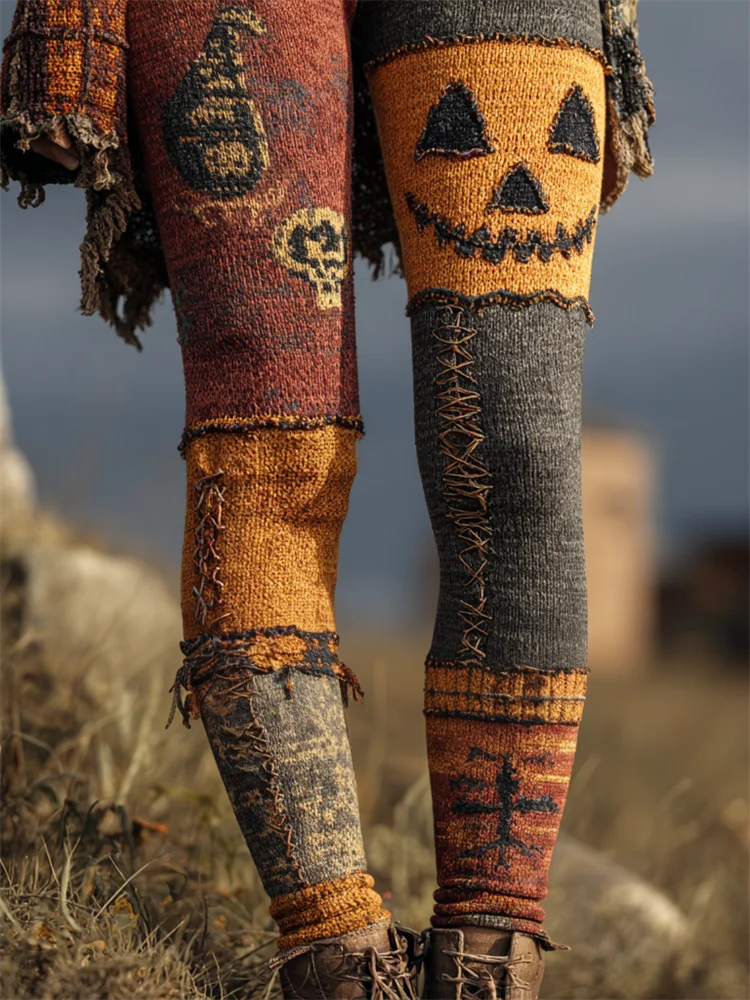 Halloween Pumpkin Face Patchwork Cozy  Leggings