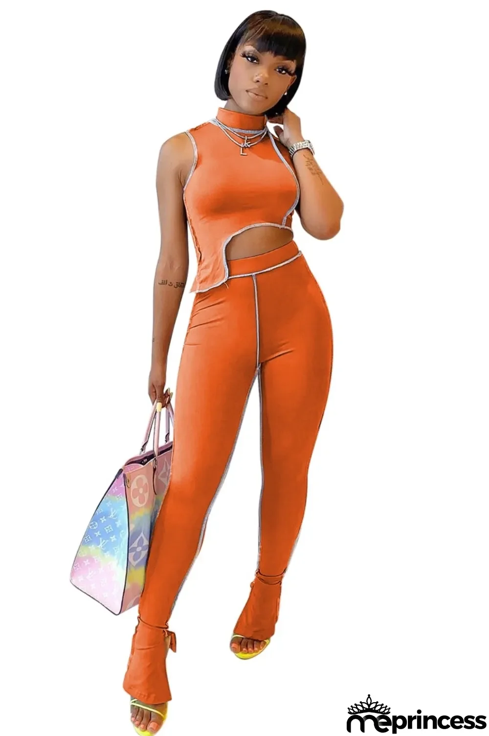 Sexy Sleeveless Crop Top and High Waist Pants Set