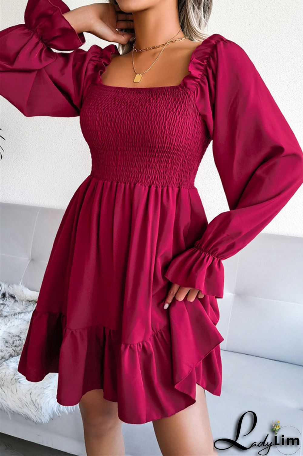 Burgundy Fashion Casual Solid Patchwork Square Collar Long Sleeve Dresses