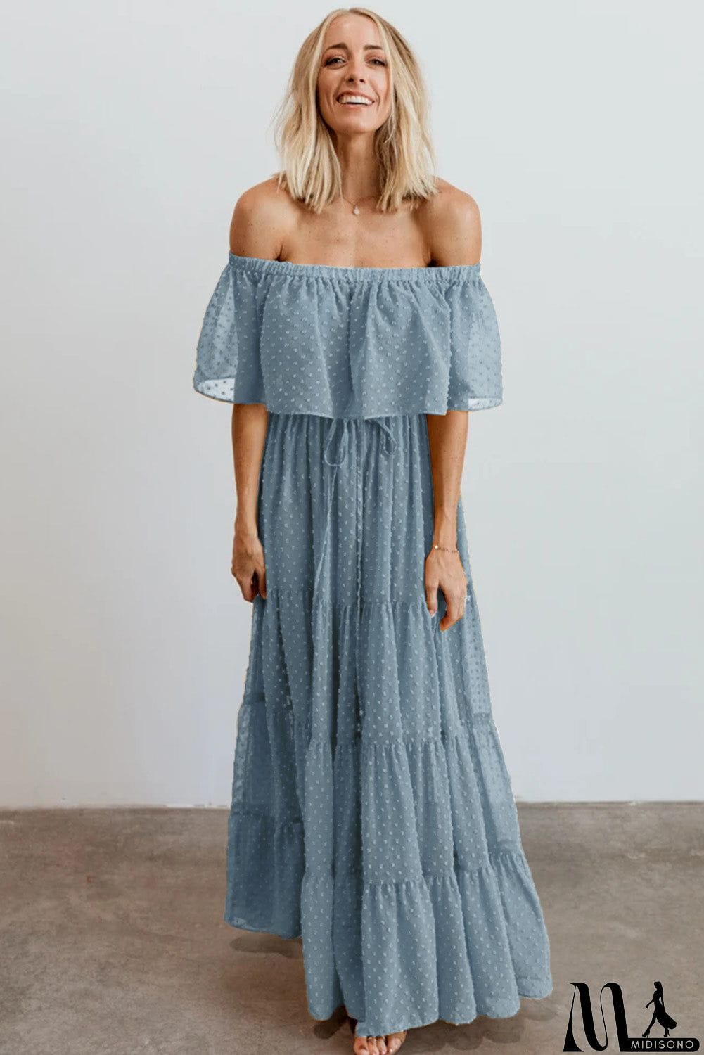 MidiSono - Rust Red Off Shoulder Ruffle Swiss Dot Maxi Dress