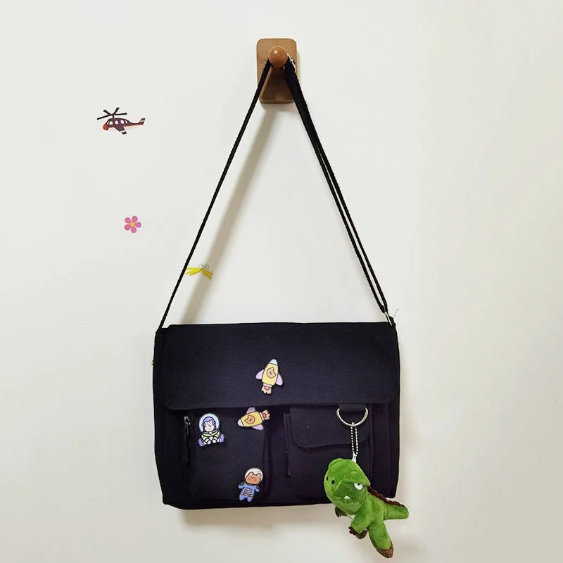 Womens Cartoon Canvas Bag Art Student Canvas Bag One Shoulder Messenger Bag Creative Pendant Bookbag Female Office Bag