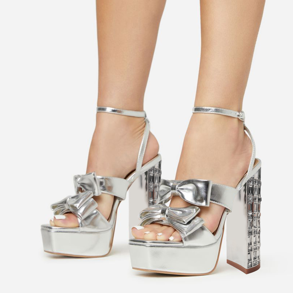 Silver Metallic Open Toe 5'' Decorative Heel Ankle Strap Sandals Nicepairs