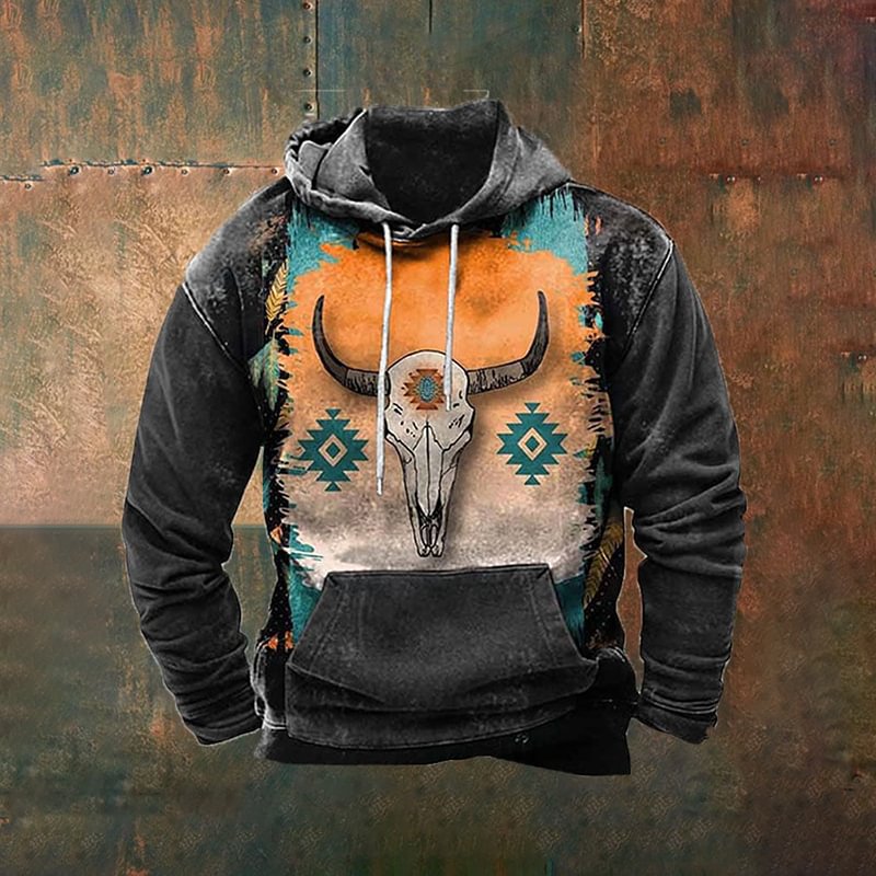 Men'S Western Geometric Bull Head Print Hoodie