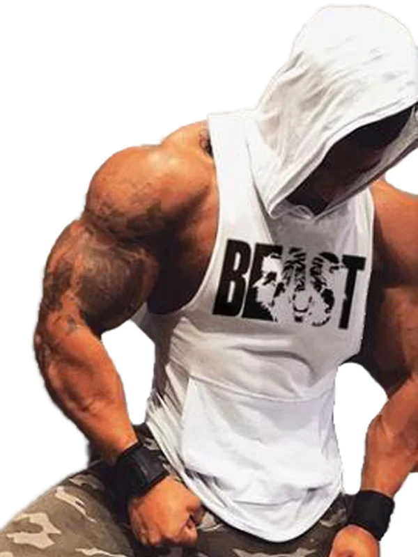 Men's Sporty Beast Print Pocket Hooded Loose Fit Tank Top