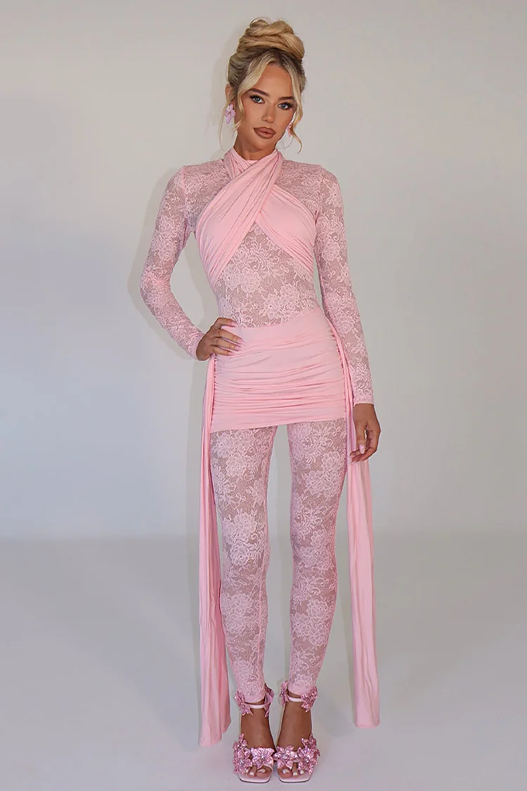 Floral Lace Patchwork Long Sleeve Ruched Side Streamer Skinny Jumpsuit-Pink