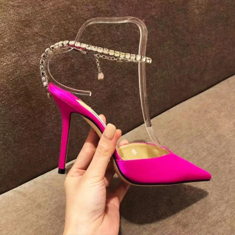 8.5cm/3.35 inch Slingback Classic Pumps Pointed Toe Silk Sandals Rhinestone chain buckle high heels