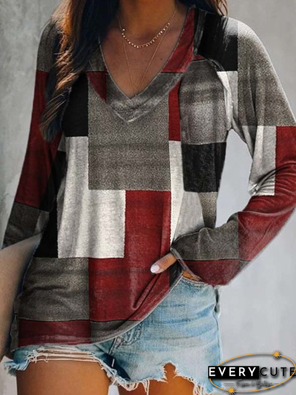 Long Sleeve V Neck Color Block Casual T-shirt