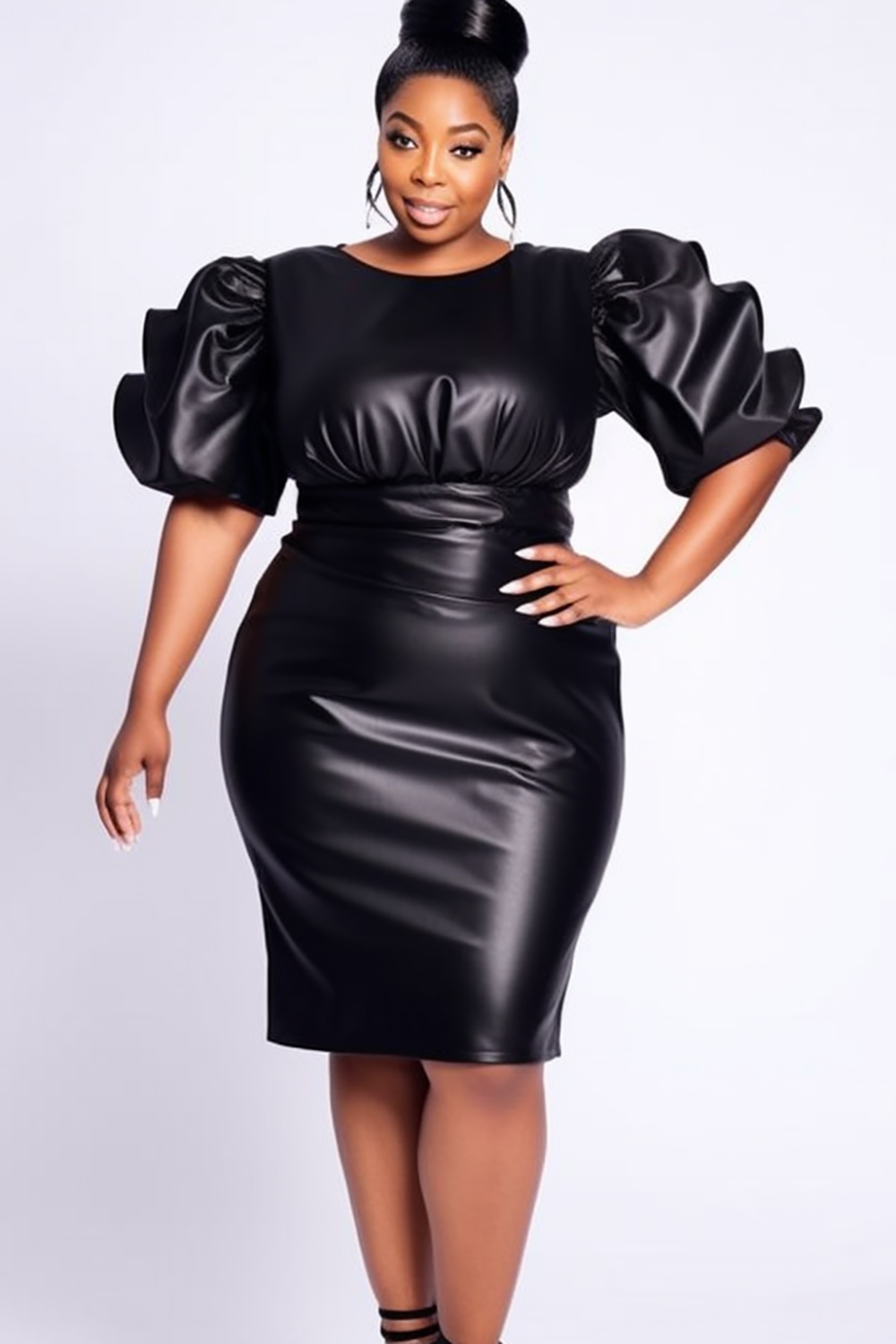 Design Plus Size Party Mini Dresses Casual Black Fall Winter Crew Neck Puff Sleeve Half Sleeve Fold PU Leather Mini Dresses [Pre-Order]