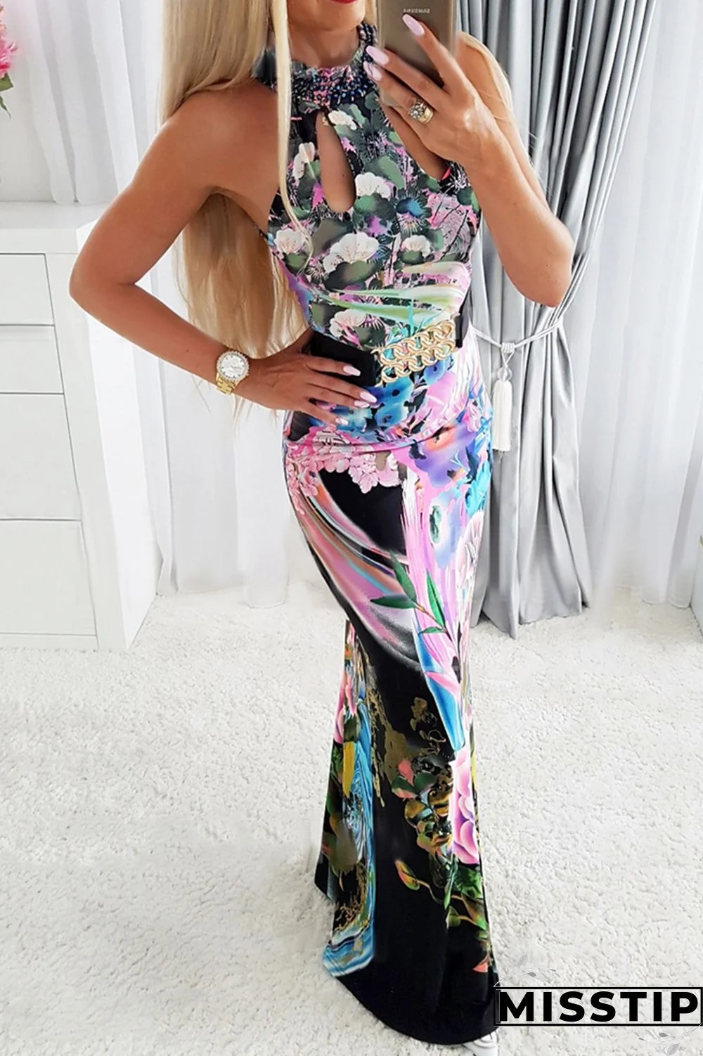 Black Fashion Casual Print Hollowed Out O Neck Sleeveless Dress (Without Belt)