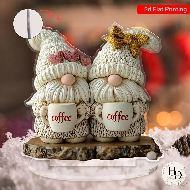 Acrylic Gnome Couple Decorative Sign Set - Free-Standing Multipurpose Festival Holiday Desk Plaques with Coffee Mugs Design for Home and Office Bedroom Decor, No Power Needed, Pack of 2