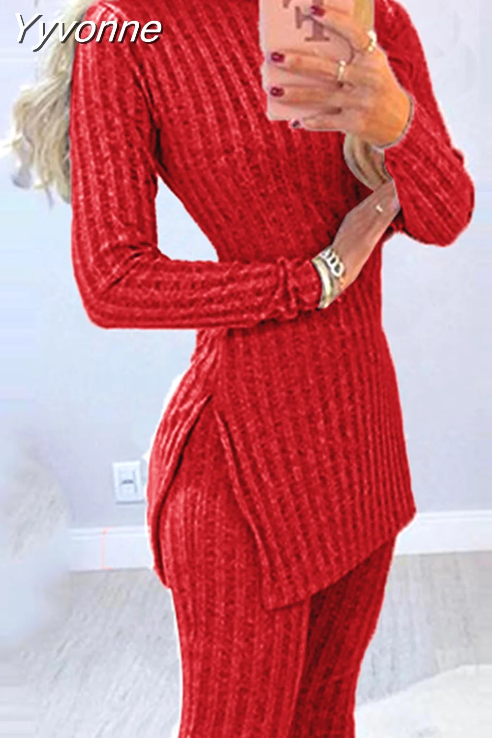 Yyvonne Women Winter 2pcs Suit Long Sleeve Ribbed Slit Long Top and High Waist Knitted Pencil Pants Set