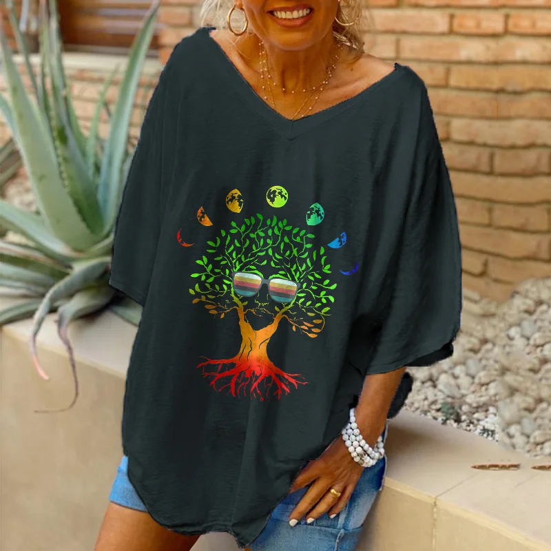 Oversized Tree And Planet Print Women's T-shirt