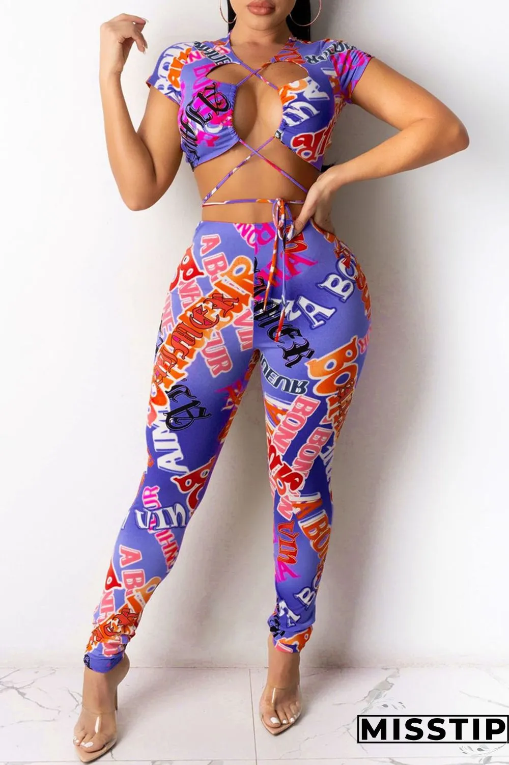 Green Fashion Sexy Letter Print Hollowed Out V Neck Short Sleeve Two Pieces