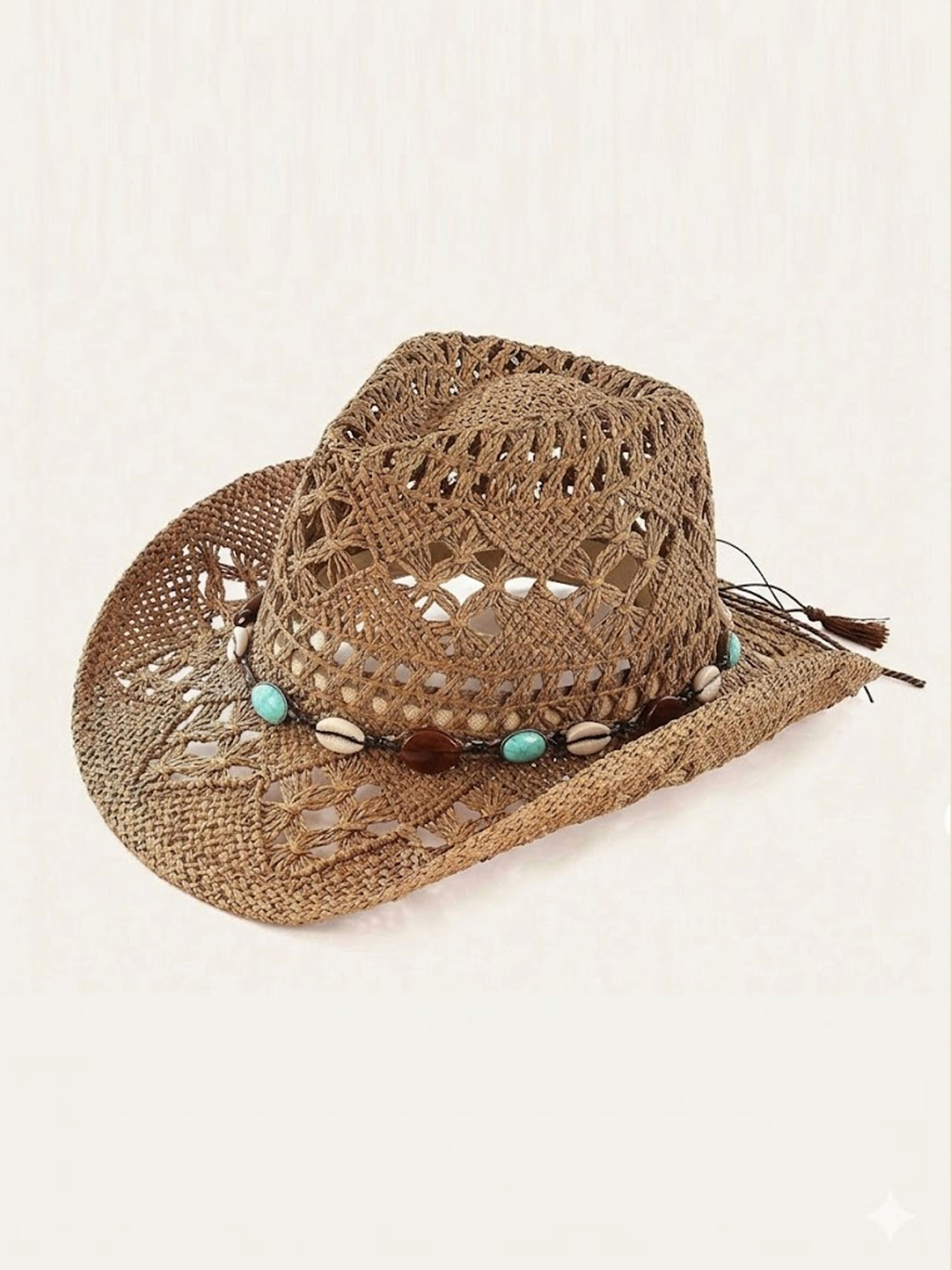 Vintage Western Crochet Straw Cowboy Hat with Turquoise Bead Band Boho Fringe Sun Hat for Men & Women