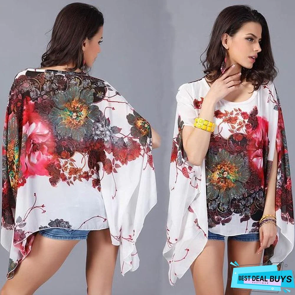 Boho Batwing Sleeve Chiffon Blouse Casual Floral Print Loose Big Size Beach Blouse