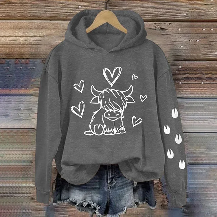 Women's Highland Cow In Love Print Vintage Hoodie