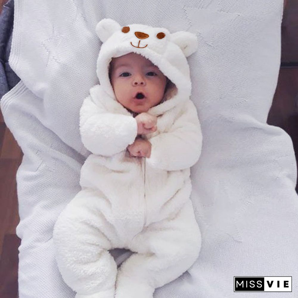 Autumn And Winter Sweet Bear Solid Printed Long-sleeve Baby Hoodie Jumpsuit