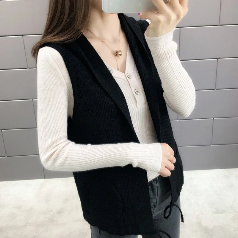 Sweater Vest Women Hooded Solid Loose Lace Up Korean Style Knit All-match Autumn Womens Outwear Pockets Leisure Chic Ulzzang New