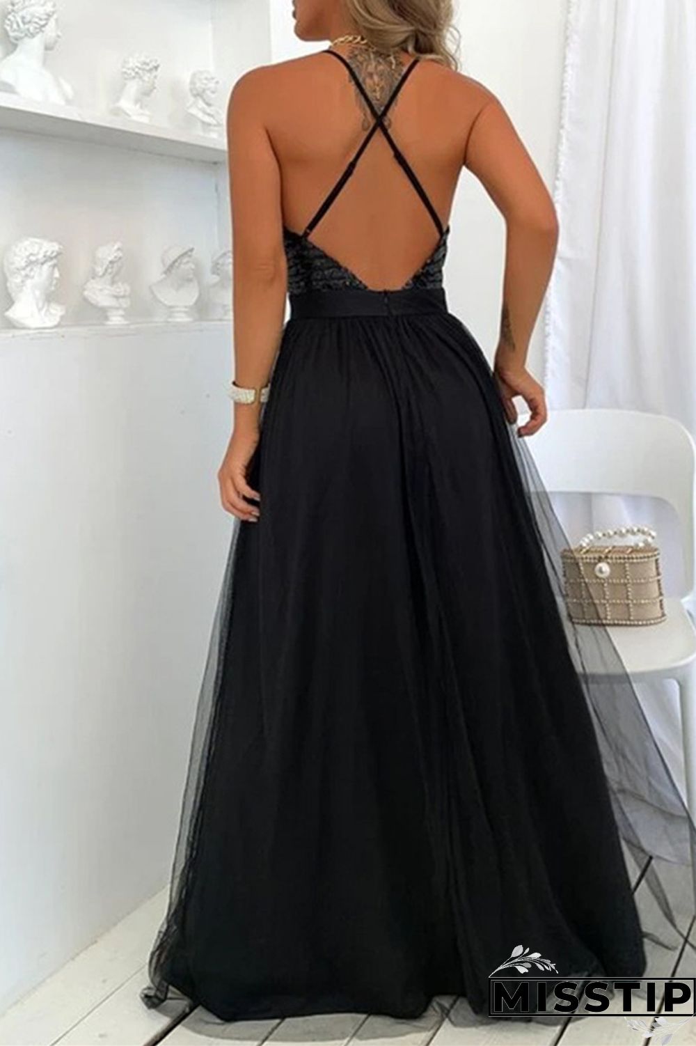 Burgundy Sexy Patchwork Sequins Backless Spaghetti Strap Long Dress
