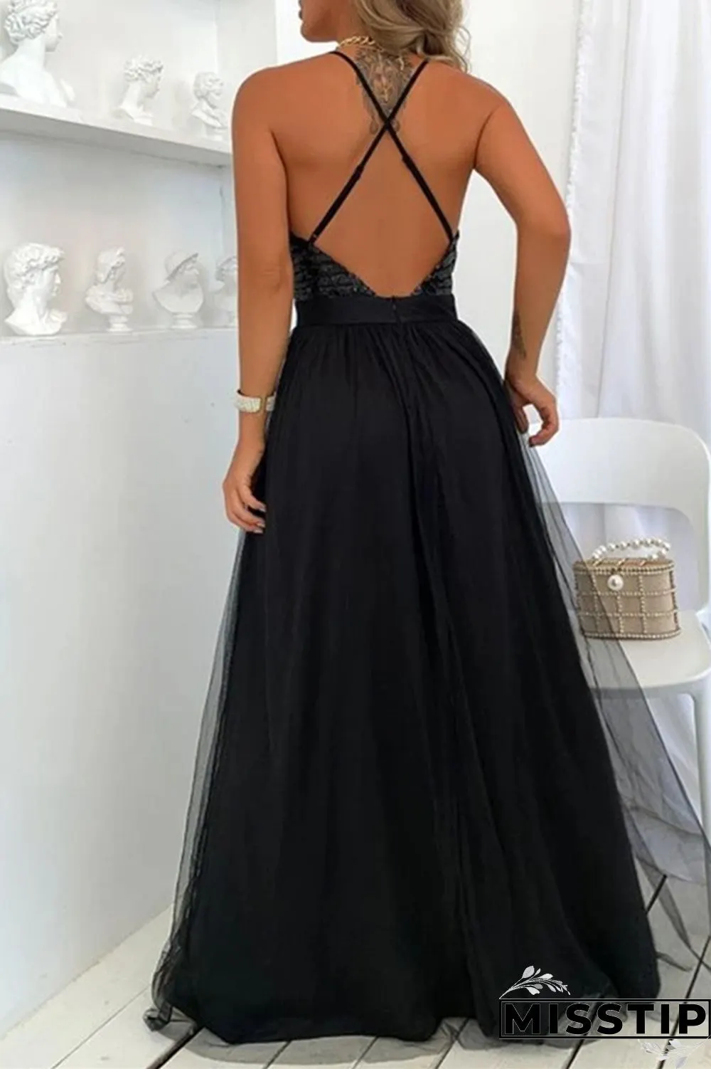 Burgundy Sexy Patchwork Sequins Backless Spaghetti Strap Long Dress