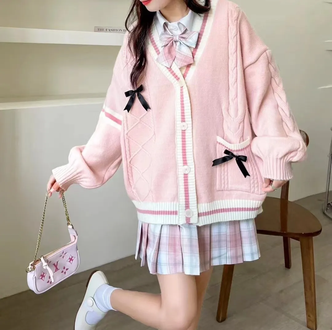 Churchf Churchf Autumn Winter New Style Sweet Small Knit Sweater Cardigan Long Sleeve Loose Match Shirt Soft Younger Sister Coat