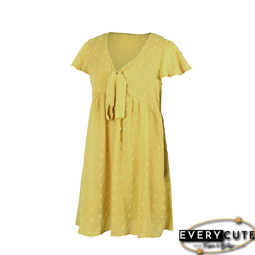 Yellow V Neckline Bowknot Front Mini Dress