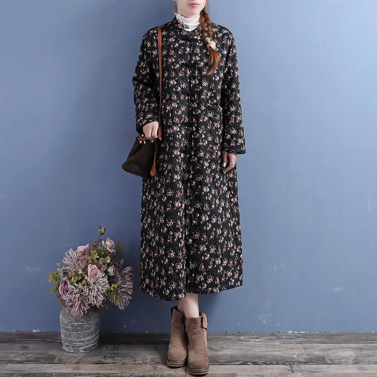 Winter Retro Floral Quilted Cotton Linen Dress