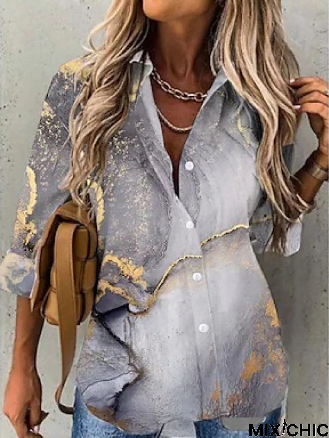 Casual Shawl Collar Abstract Long sleeve Loose Tunic Blouse