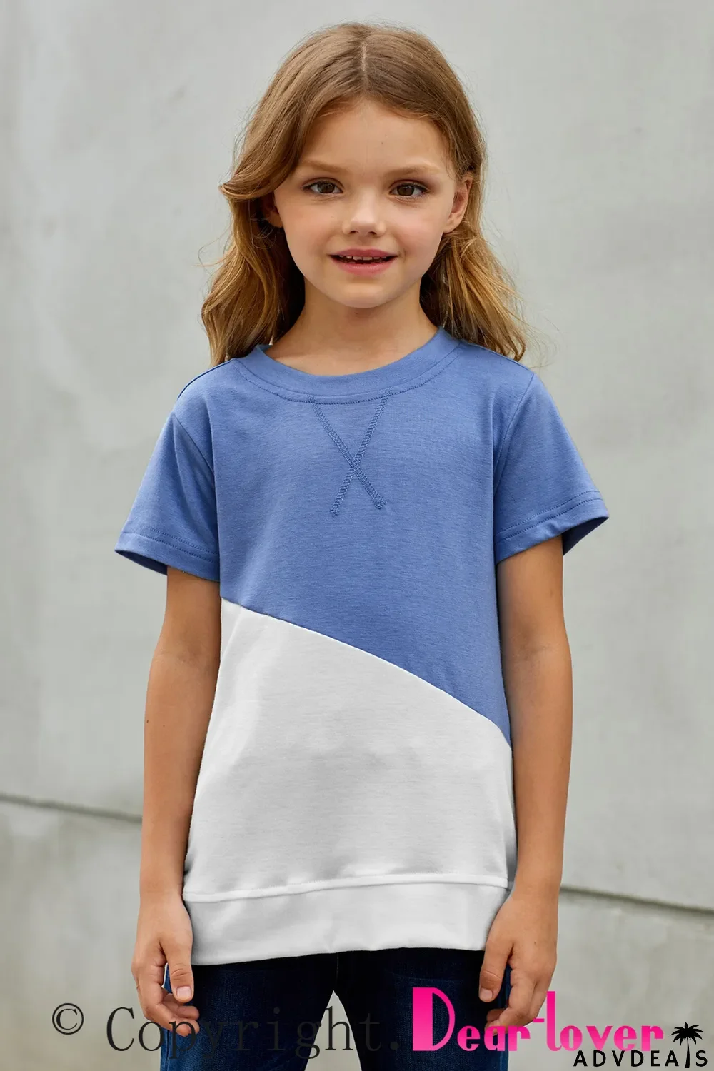 Sky Blue Colorblock Splicing Little Girl Tee