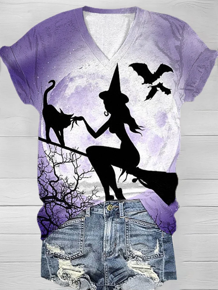 Women's Halloween Witch Print V-Neck T-Shirt
