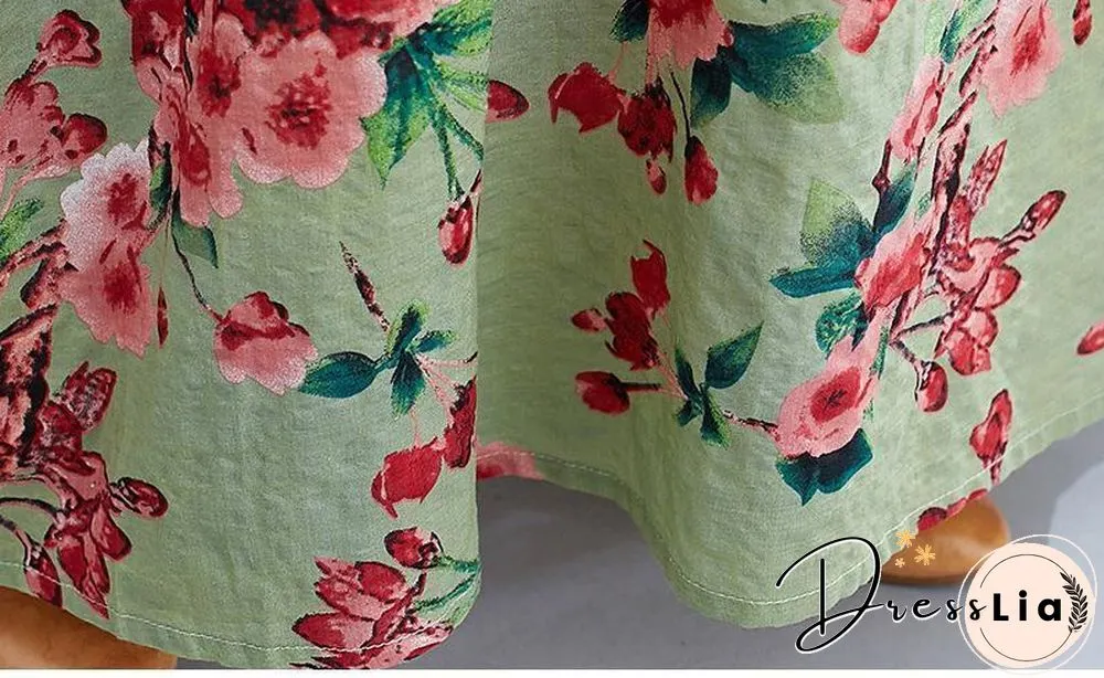 Loose Cotton Linen Printed Long Sleeve Swing Maxi Dress