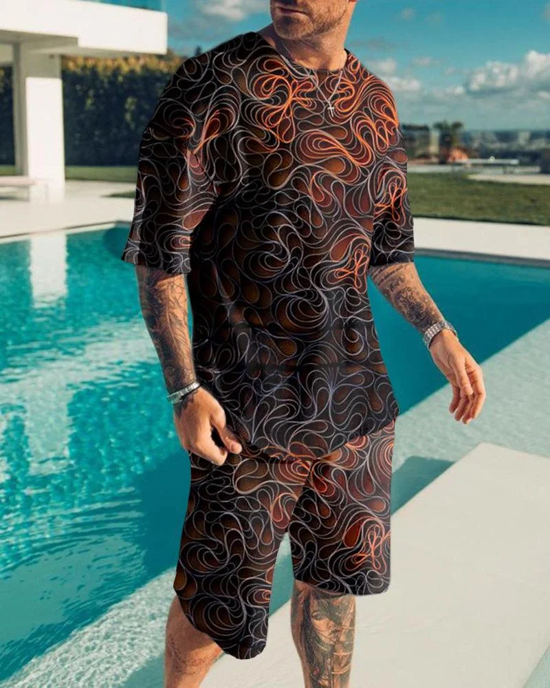 Men's Casual Abstract Line Printed Shorts Suit